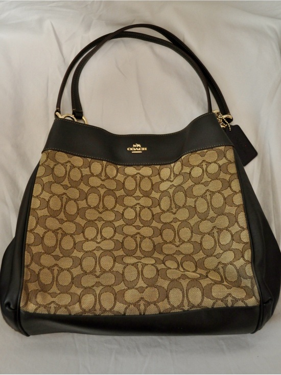 Coach Handbags - Coach Brown Signature Canvas Shoulder Bag with Black Leather Trim